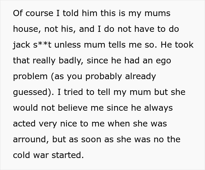 Text snippet explaining the conflict between mom's new bf and son regarding house rules. Text snippet explaining the conflict between mom's new bf and son regarding house rules.