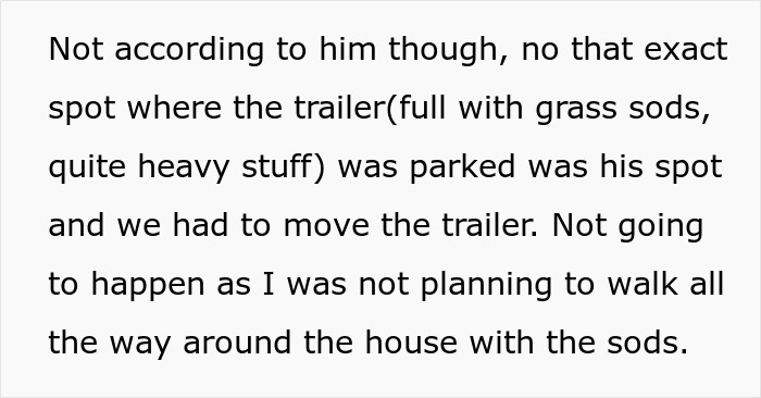 Text snippet discussing a dispute over parking a trailer, highlighting rude neighbor's actions. Text snippet discussing a dispute over parking a trailer, highlighting rude neighbor's actions.