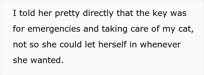 Text snippet: brother tells sister key is for emergencies and cat care, not for her to let herself in. Text snippet: brother tells sister key is for emergencies and cat care, not for her to let herself in.
