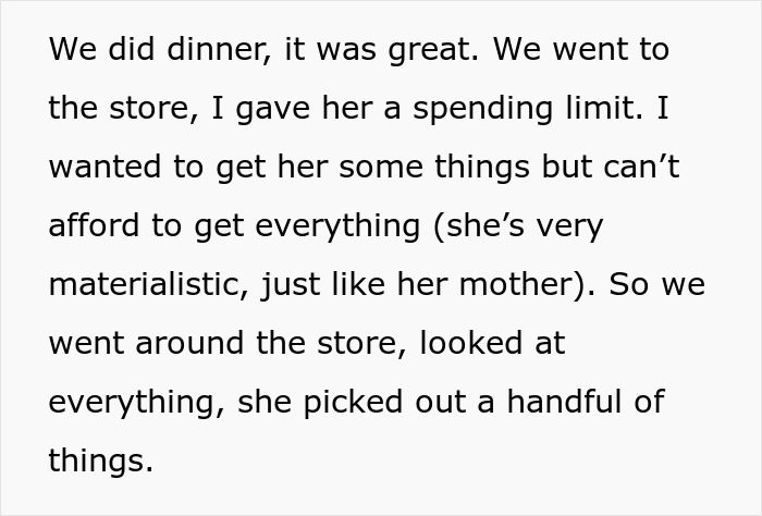 Text snippet: husband's kid drama. Woman prepares to walk away, dinner, store, spending limit, materialistic. Text snippet: husband's kid drama. Woman prepares to walk away, dinner, store, spending limit, materialistic.