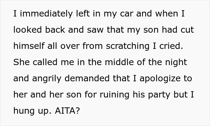 Text detailing the aftermath of a son's allergy attack and a sister's demand for an apology. Text detailing the aftermath of a son's allergy attack and a sister's demand for an apology.