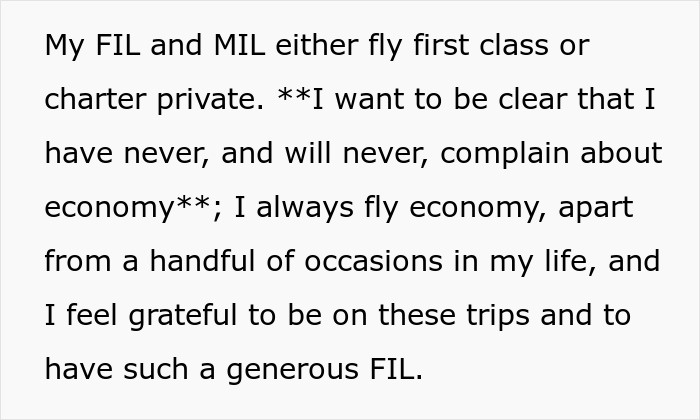 Text about MIL and FIL flying first class and the woman's flight tickets. Text about MIL and FIL flying first class and the woman's flight tickets.
