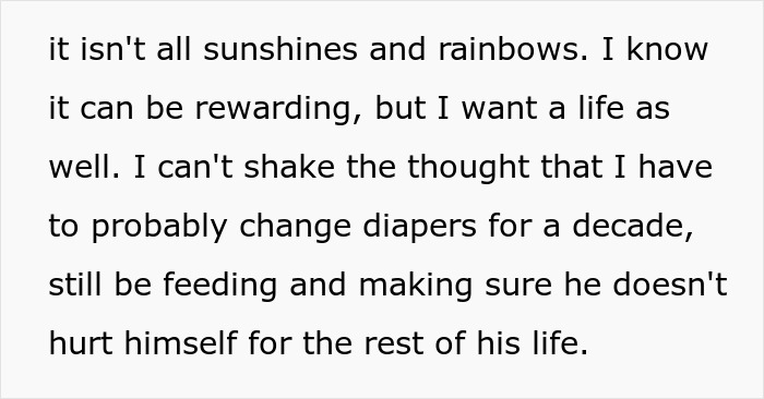 Screenshot of a mom's confession text about the challenges of having a baby with Down syndrome, focusing on life changes.
