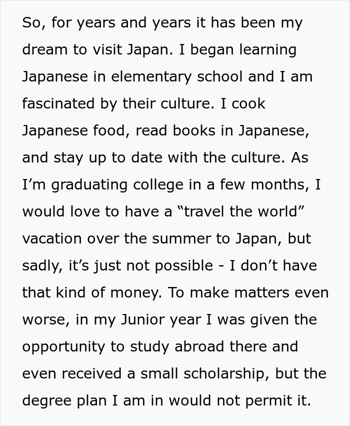Screenshot of text detailing a woman's dream to visit Japan, revealing a cruel plan. Screenshot of text detailing a woman's dream to visit Japan, revealing a cruel plan.