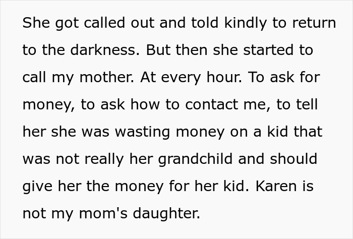 A text describes being called out and asked to return to darkness. Half-sister taunts about infertility.