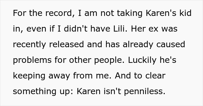 Excerpt about a half-sis taunting a woman over infertility, then wanting her to be a great mom to her baby.