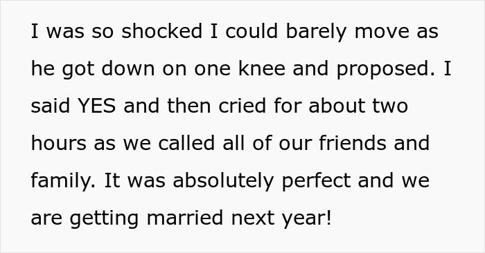 Text describing a proposal and future marriage, highlighting the happy resolution for the girlfriend and boyfriend.