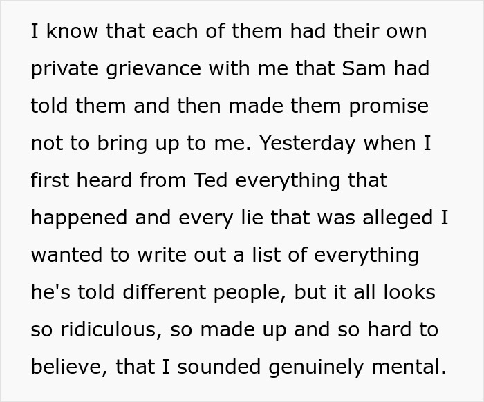 Text revealing Sam's lies and grievances, highlighting how he spent years playing his friends against each other. Text revealing Sam's lies and grievances, highlighting how he spent years playing his friends against each other.