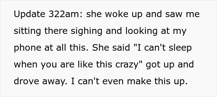 Text snippet updating on wife leaving after seeing husband sighing and looking at his phone.