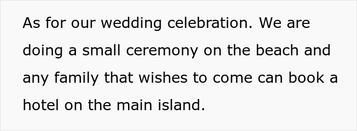 A text box outlining wedding plans, a small beach ceremony, and guests booking hotels on the main island. A text box outlining wedding plans, a small beach ceremony, and guests booking hotels on the main island.