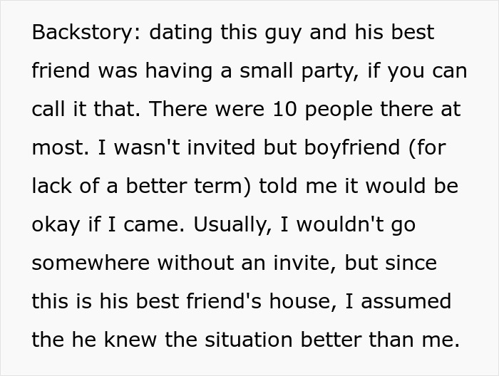 Screenshot of backstory text explaining a boyfriend was welcome at a party, but the host reacted poorly.