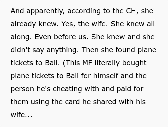Text describing the wife knew about the affair and found plane tickets to Bali, exposing more cheaters. Text describing the wife knew about the affair and found plane tickets to Bali, exposing more cheaters.