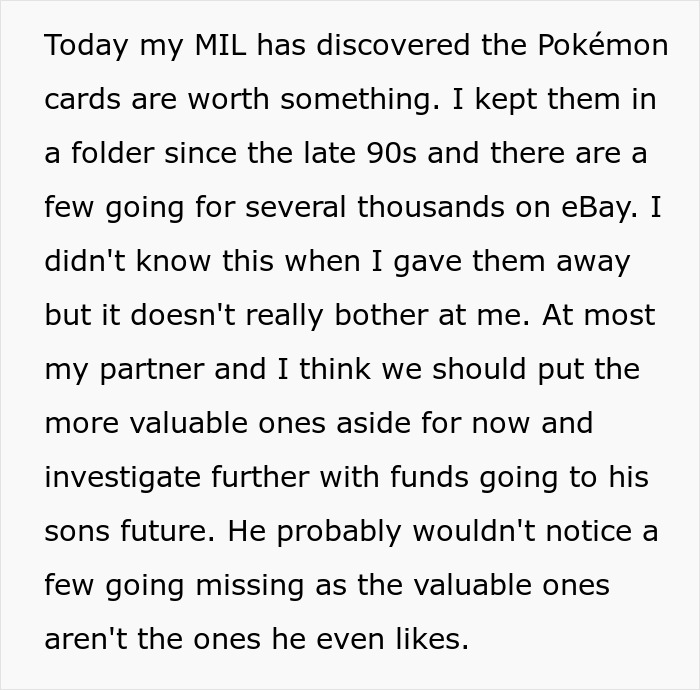 Text detailing how a grandma found valuable Pokémon cards, planning to sell them for her stepson's future.