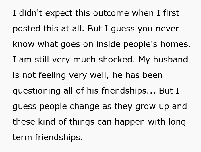 A social media post about a guy's affair exposed, detailing the unexpected outcome and his husband questioning friendships. A social media post about a guy's affair exposed, detailing the unexpected outcome and his husband questioning friendships.