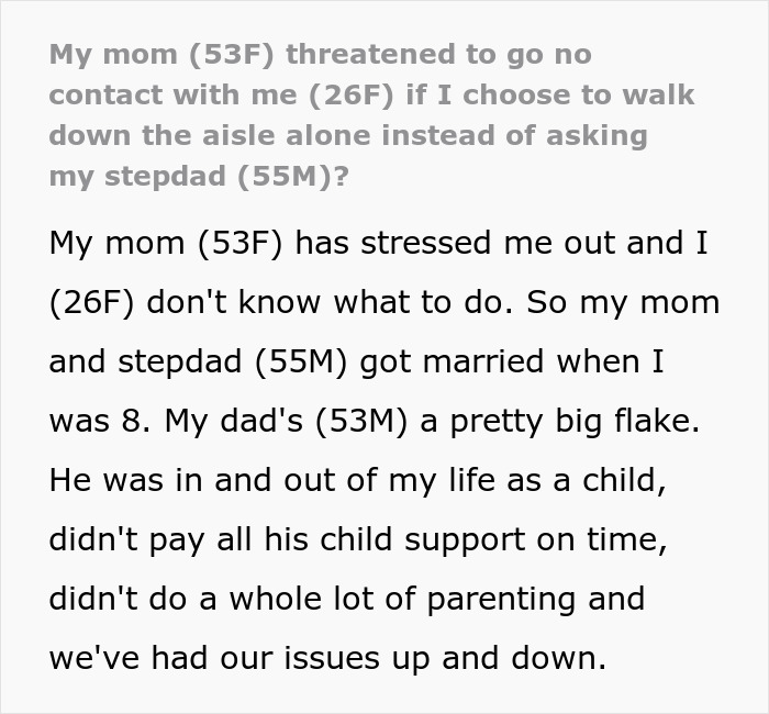 Screenshot of text from a bride explaining her family dynamic and why she chooses not to have her dad or stepdad walk her down the aisle.