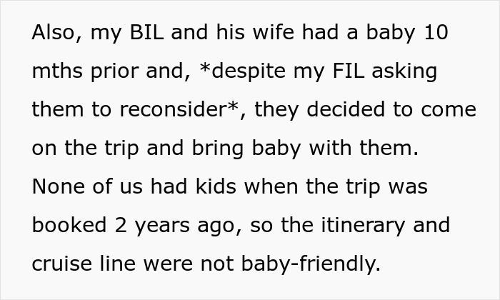 Woman discusses family trip details, noting her BIL and his wife brought their baby despite FIL asking them to reconsider. Woman discusses family trip details, noting her BIL and his wife brought their baby despite FIL asking them to reconsider.