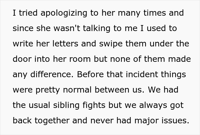 Screenshot of text explaining attempts to apologize to sister after the violent fight, highlighting family estrangement.