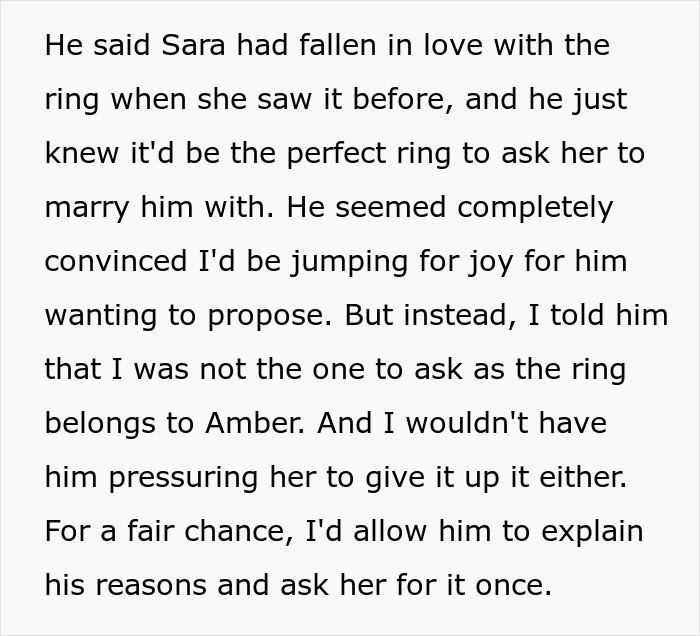 Family heirloom dispute: Son attempts to steal a ring to propose, stirring family turmoil. Family heirloom dispute: Son attempts to steal a ring to propose, stirring family turmoil.
