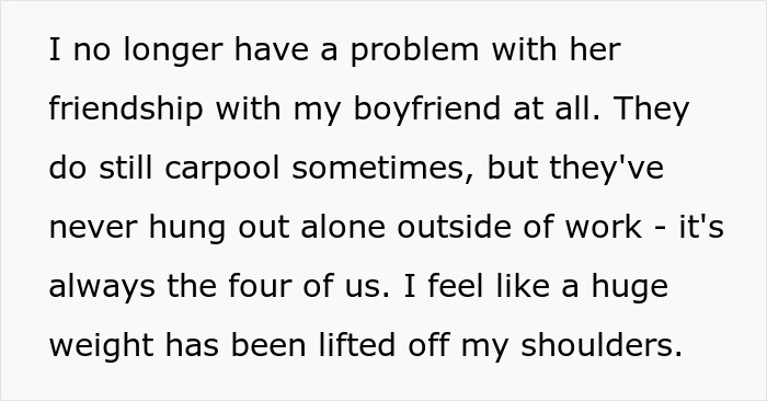 Text about a girlfriend's relief regarding her boyfriend's female friends and coworker's time.