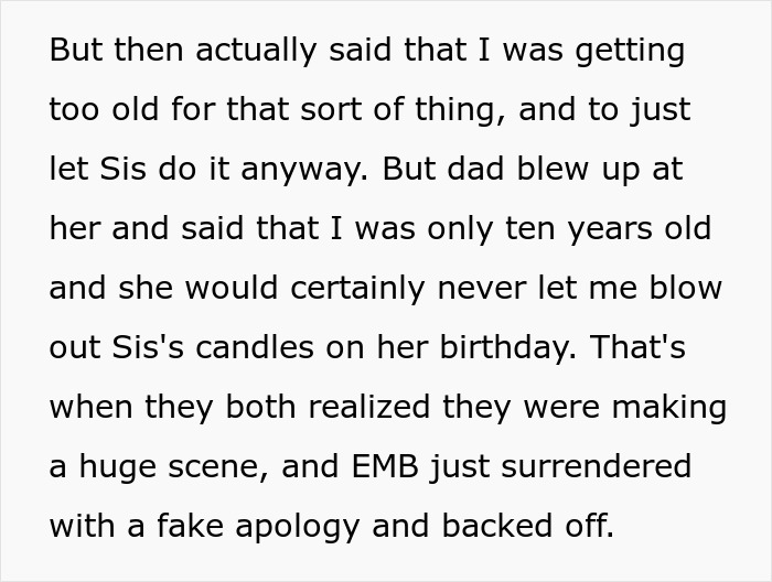 Text about a brother's nightmare due to a spoiled sister and enabling mom's birthday candle dispute. Text about a brother's nightmare due to a spoiled sister and enabling mom's birthday candle dispute.