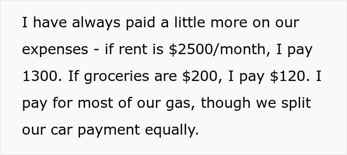 Screenshot about man paying more for expenses like rent, groceries, and gas, but GF wants him to split sports fees. Screenshot about man paying more for expenses like rent, groceries, and gas, but GF wants him to split sports fees.