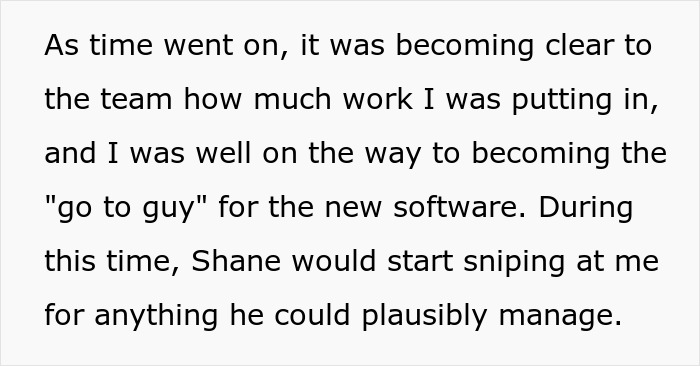 A white background with black text, noting a colleague becoming the expert in new software, and Shane's snipes due to workplace bullying. A white background with black text, noting a colleague becoming the expert in new software, and Shane's snipes due to workplace bullying.