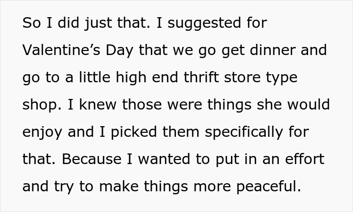 Text snippet: husband's kid drama. Woman prepares to walk away, dinner, thrift store, peaceful effort. Text snippet: husband's kid drama. Woman prepares to walk away, dinner, thrift store, peaceful effort.
