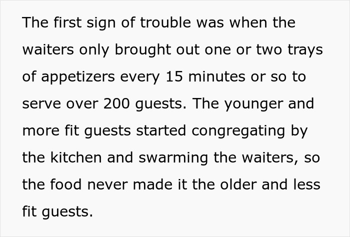 Screenshot of text explaining how wedding guests started a hunger fight over scarce appetizers, never receiving dinner. Screenshot of text explaining how wedding guests started a hunger fight over scarce appetizers, never receiving dinner.
