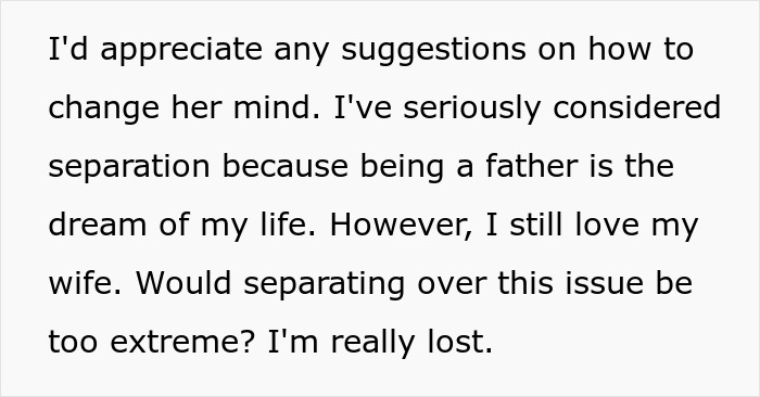 A man questioning his marriage due to his wife's shocking beliefs about conceiving, seeking advice on separation and his dream of fatherhood.