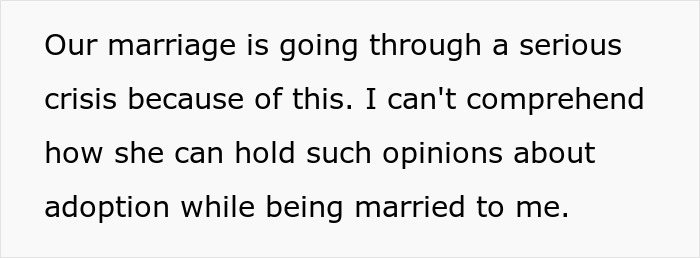 A man questioning marriage due to his wife's shocking beliefs, discussing a marriage crisis and incomprehensible adoption opinions.