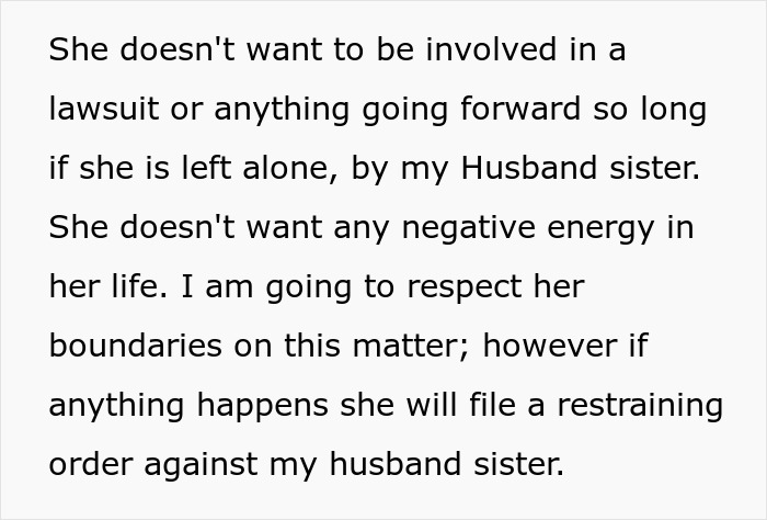 Text outlining how the deaf cousin wants no lawsuit, but will get a restraining order against the SIL. Text outlining how the deaf cousin wants no lawsuit, but will get a restraining order against the SIL.