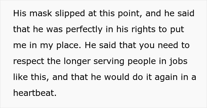 Text detailing a workplace bully admitting to putting a colleague in their place, revealing their true nature after being secretly recorded. Text detailing a workplace bully admitting to putting a colleague in their place, revealing their true nature after being secretly recorded.