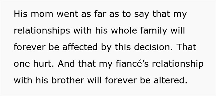 A screenshot of text describing a wedding dispute, where an in-law's demands threaten family relationships.