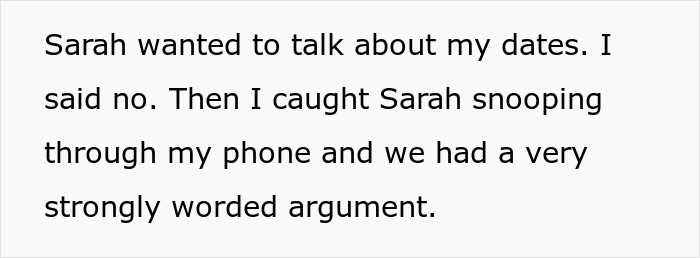 A screenshot of a text about an open marriage, where the wife, Sarah, tries to snoop on the husband's phone. A screenshot of a text about an open marriage, where the wife, Sarah, tries to snoop on the husband's phone.