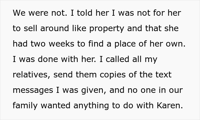 Text explaining a woman breaking ties with her half-sis for taunting her about infertility.