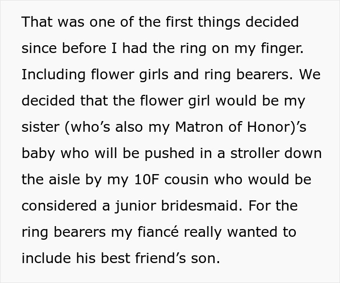 Text explaining wedding planning details, including decisions about flower girls and ring bearers for a wedding dispute.