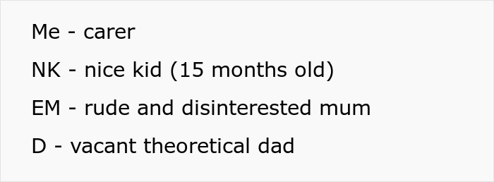 Screenshot of text: Me - carer, NK - nice kid (15 months old), EM - rude and disinterested mum, D - vacant theoretical dad.