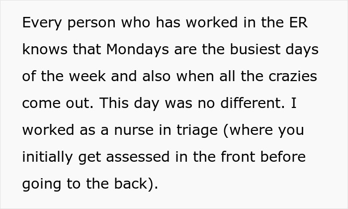 Screenshot of text about an ER nurse working triage on a busy Monday, highlighting the challenges of the ER. Screenshot of text about an ER nurse working triage on a busy Monday, highlighting the challenges of the ER.