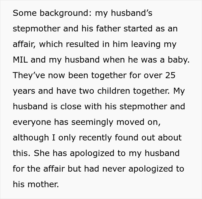 Screenshot of text detailing a husband's stepmother affair and waiting 25 years to apologize to his mother. Screenshot of text detailing a husband's stepmother affair and waiting 25 years to apologize to his mother.