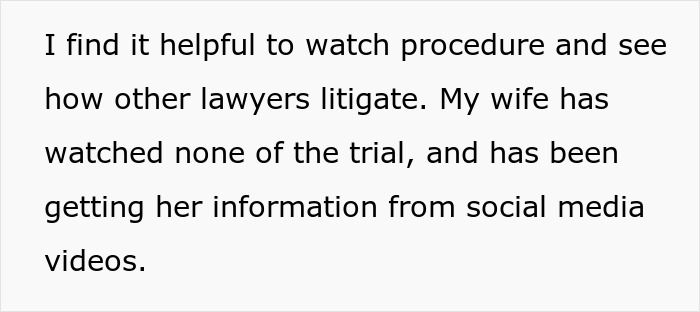 Text explaining a wife's reliance on social media for criminal trial information, not watching the actual trial.