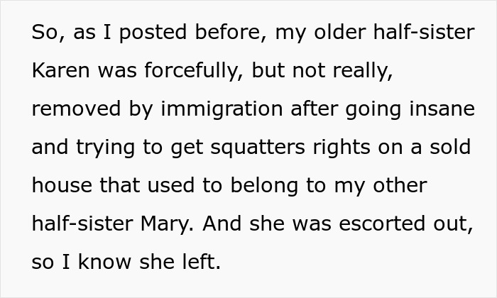 Text describing the half-sister's immigration issues and the woman's infertility struggles.