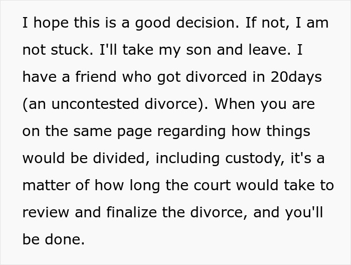 Text discussing divorce options if the MIL continues to drive the woman to leave her son. Text discussing divorce options if the MIL continues to drive the woman to leave her son.