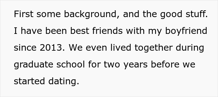 Screenshot of text about GF and BF being best friends since 2013, before they started dating.