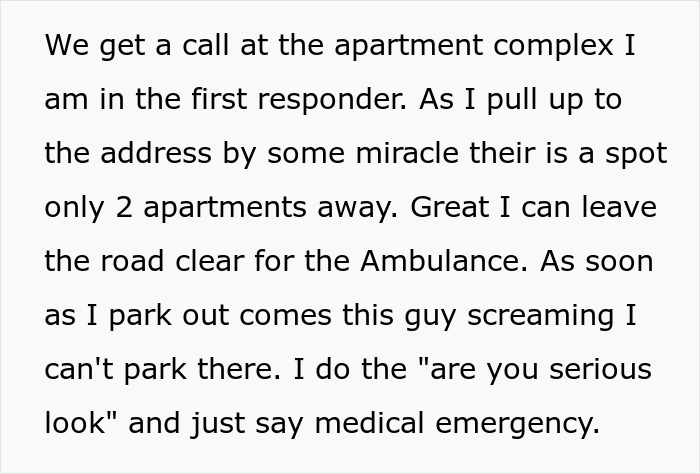 Text describing a first responder finding a parking spot at an apartment complex for an ambulance during a medical emergency.