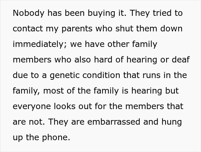 Text detailing how the family, including deaf members, rejected SILs family attempts to contact them. Text detailing how the family, including deaf members, rejected SILs family attempts to contact them.