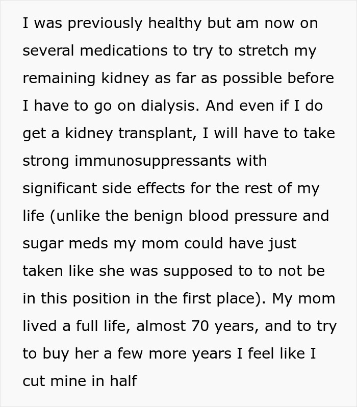 Text explaining the severe medical consequences and medications after donating a kidney to her sick mom. Text explaining the severe medical consequences and medications after donating a kidney to her sick mom.