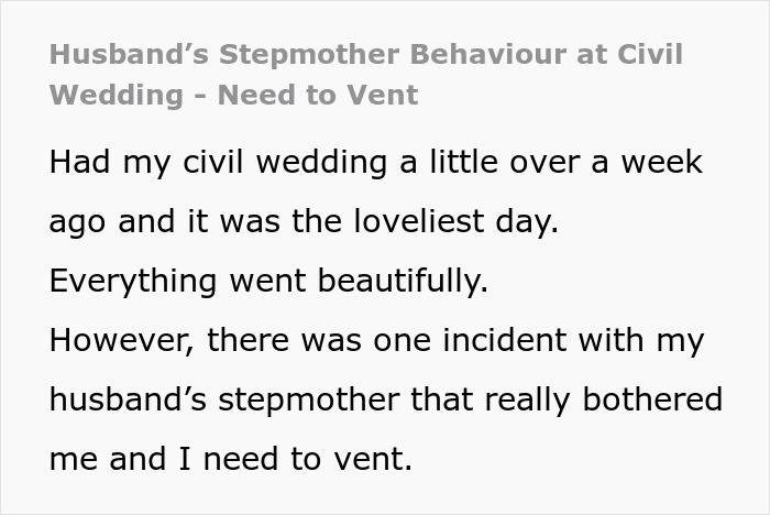 Screenshot of text about a husband's stepmother behavior at a civil wedding and waiting 25 years to apologize. Screenshot of text about a husband's stepmother behavior at a civil wedding and waiting 25 years to apologize.