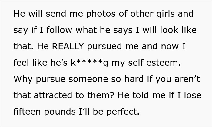 Screenshot of text about a guy calling his dream girl chubby and trying to fix her by sending photos of other girls. Screenshot of text about a guy calling his dream girl chubby and trying to fix her by sending photos of other girls.