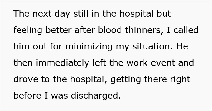 Text describing a woman in the hospital calling out her fiancé for minimizing her medical emergency and his subsequent visit. Text describing a woman in the hospital calling out her fiancé for minimizing her medical emergency and his subsequent visit.