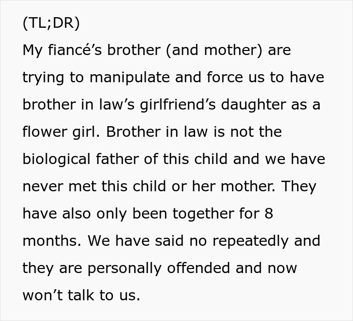 Wedding dispute summary: In-laws want a non-biological child as a flower girl, creating a family conflict and argument.